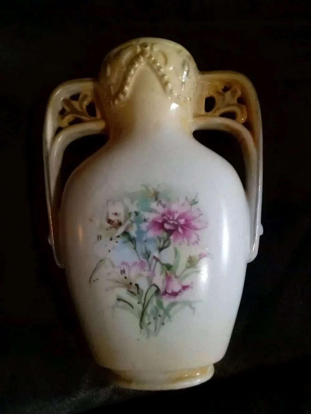 Antique Austrian Two Handle Floral With Gold Trim 5.5 Inch Porcelain Vase #69